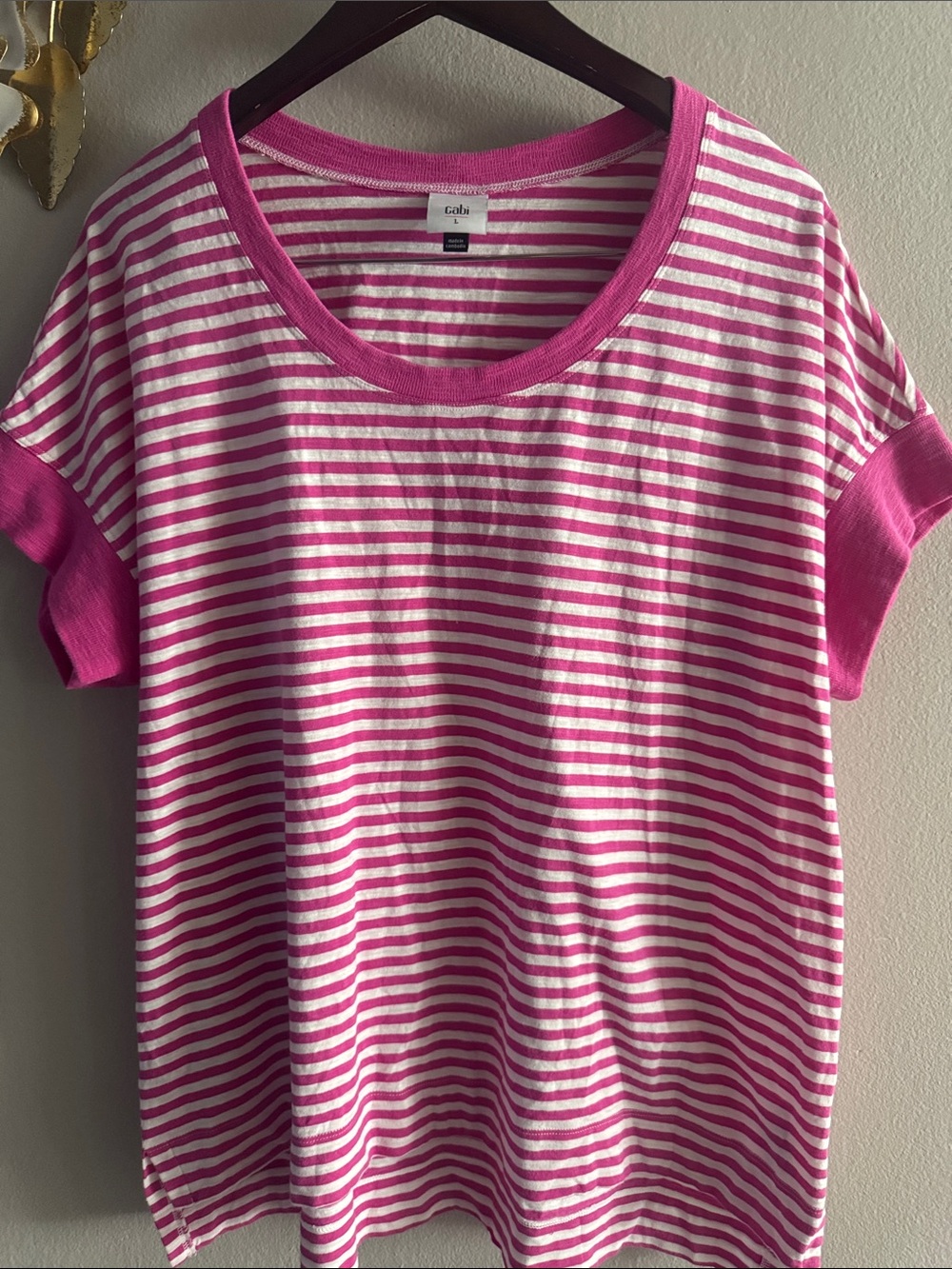 CAbi Pink and White Striped Short Sleeve Tee